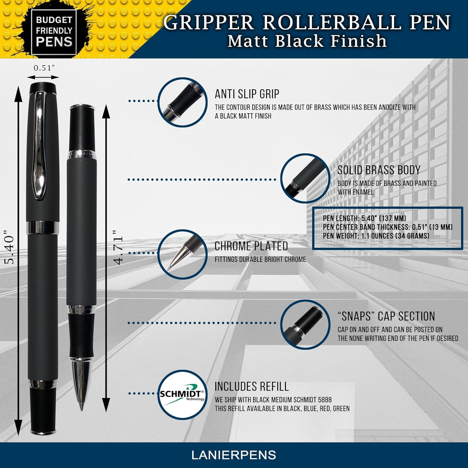 Gripper Rollerball Pen - Matt Black with Anti Slip Grip (Budget Friendly Pen)