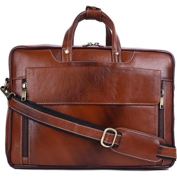 Leather Laptop Briefcase for Men, Business Office Messenger Bag with Multiple Compartments, Shoulder Strap - TAN