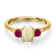 thumbnail image 3 of Gem Stone King 18K Yellow Gold Plated Silver White Ethiopian Opal and Red Created Ruby Engagement Ring for Women | 1.01 Cttw | Oval Cabochon 7X5MM | Gemstone October Birthstone | Size 7, 3 of 6