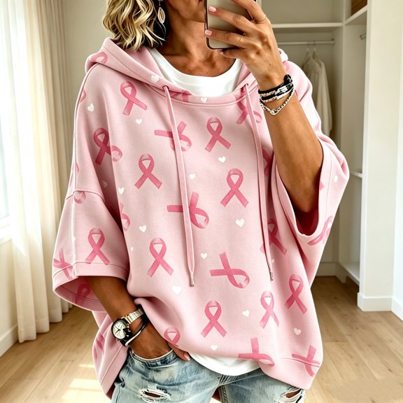 LNZGNM Sweatshirts Short Sleeve Hooded Light Loungwear for Ribbon Breast Cancer Awareness