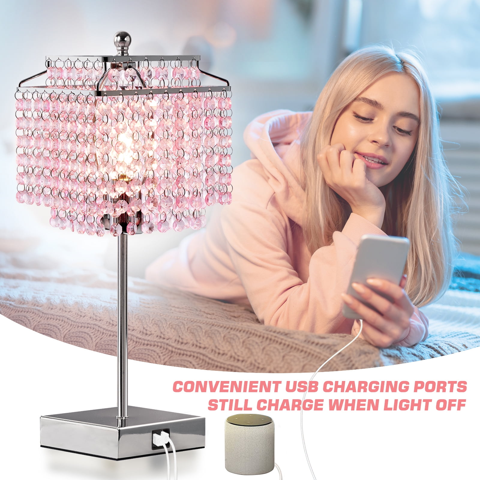 NATYSWAN Crystal Touch Table Lamp, Pink Bedside Lamp with USB C+A Ports, 3-Way Dimmable Lamp with Crystal Shade, Nightstand Lamp for Girl Bedroom, Living Room, Bulb Included