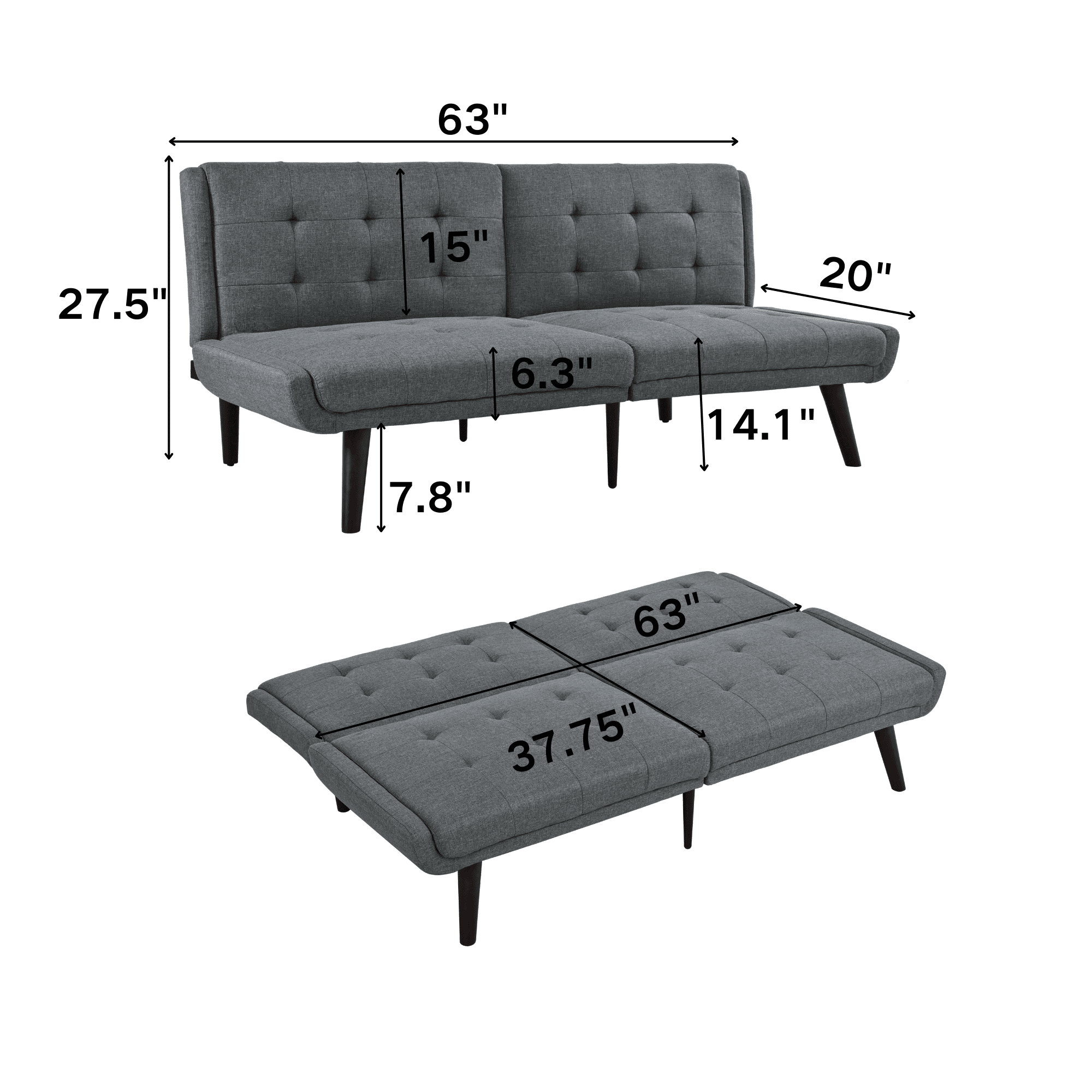 Gewnee 63 Inch 3-in-1 Linen Convertible Sofa Bed for Living Room, Apartment and Bedroom，Grey