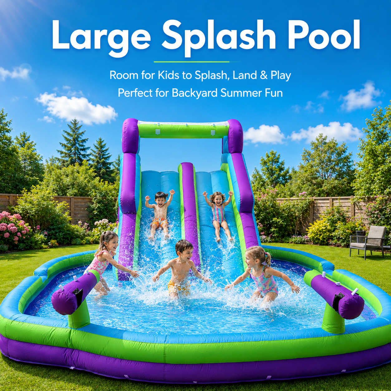 Inflatable Double Water Slide with Climbing Wall, Splash Pool & Blower Included, Oxford Backyard Water Park for Kids, Purple & Green