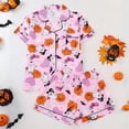 thumbnail image 2 of Womens Halloween Pajamas Pumpkin Printed Short Sleeve Button Down Lapel Shirts Loose Shorts Casual Comfy Loungewear Silk 2 Piece Satin Pajama Set for Women Pink XXL, 2 of 4