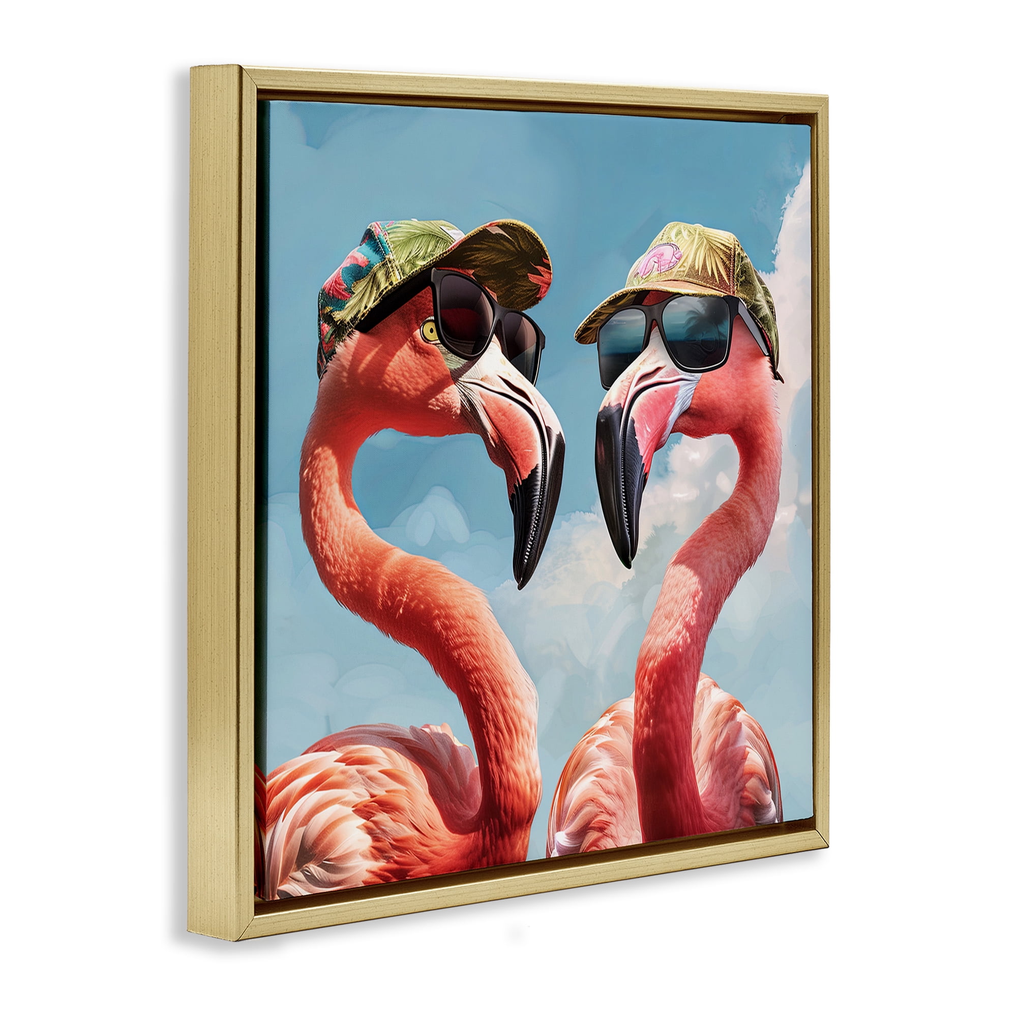 Stupell Industries Flamingos with Tropical Hats Animals Painting Gold Floater Framed Canvas Art Print Wall Art, 25 x 25
