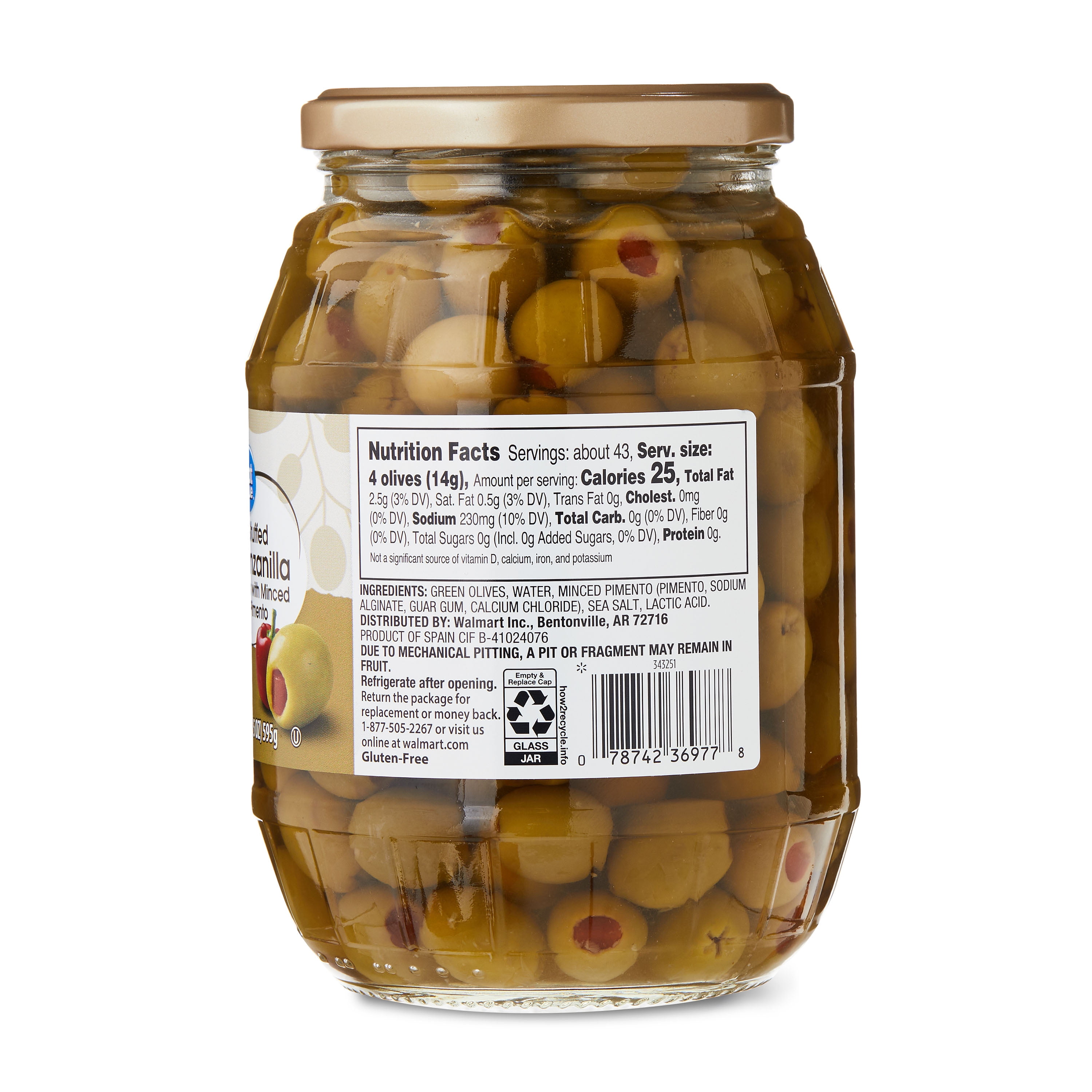 Great Value Stuffed Manzanilla Olives with Minced Pimento, 21 oz