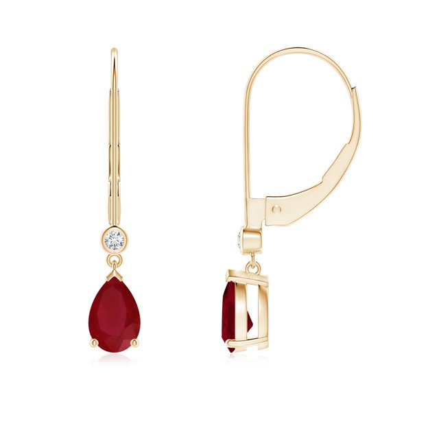 Angara Natural Ruby Earrings - Pear-Shaped Ruby Leverback Drop Earrings with Diamond in 14K Yellow Gold for Women