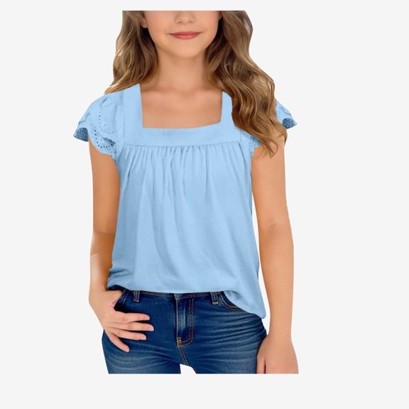 Ticikt Girls Square Neck Blouse, Ruffle Short Sleeve Casual Top, Solid Color Loose Shirt for 5-15Y Girls,Blue