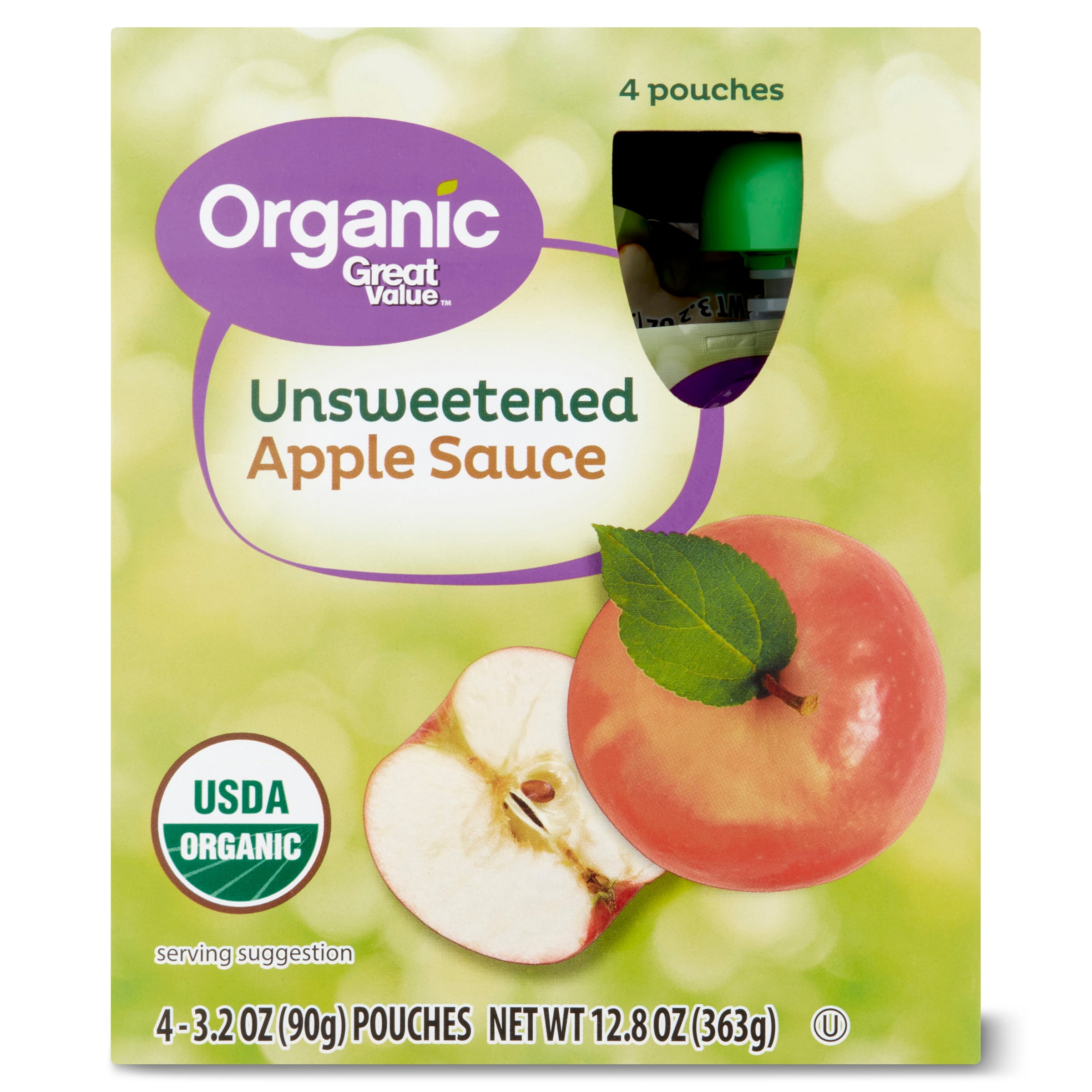 Great Value Organic Unsweetened Applesauce Pouches, 3.2 oz, 4 Ct