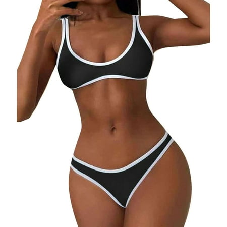 IDALL Bikini Sets Bathing Suit Women Casual Solid Hollow Strap Bikini Swimwear Bathing Two Piece Swimsuit Womens Swimsuits Micro Bikini Black L