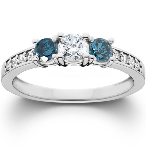 1ct Treated Blue Diamond 3 Stone Engagement Ring 14K White Gold