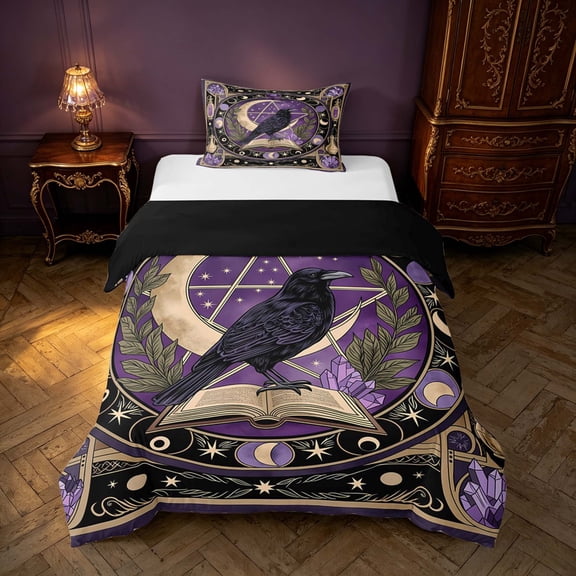 Homewish Halloween Crow Twin Duvet Cover, Witch Magic Book Twin Bedding, Black Reversible 2pcs, 1 Duvet Cover and 1 Pillowcase