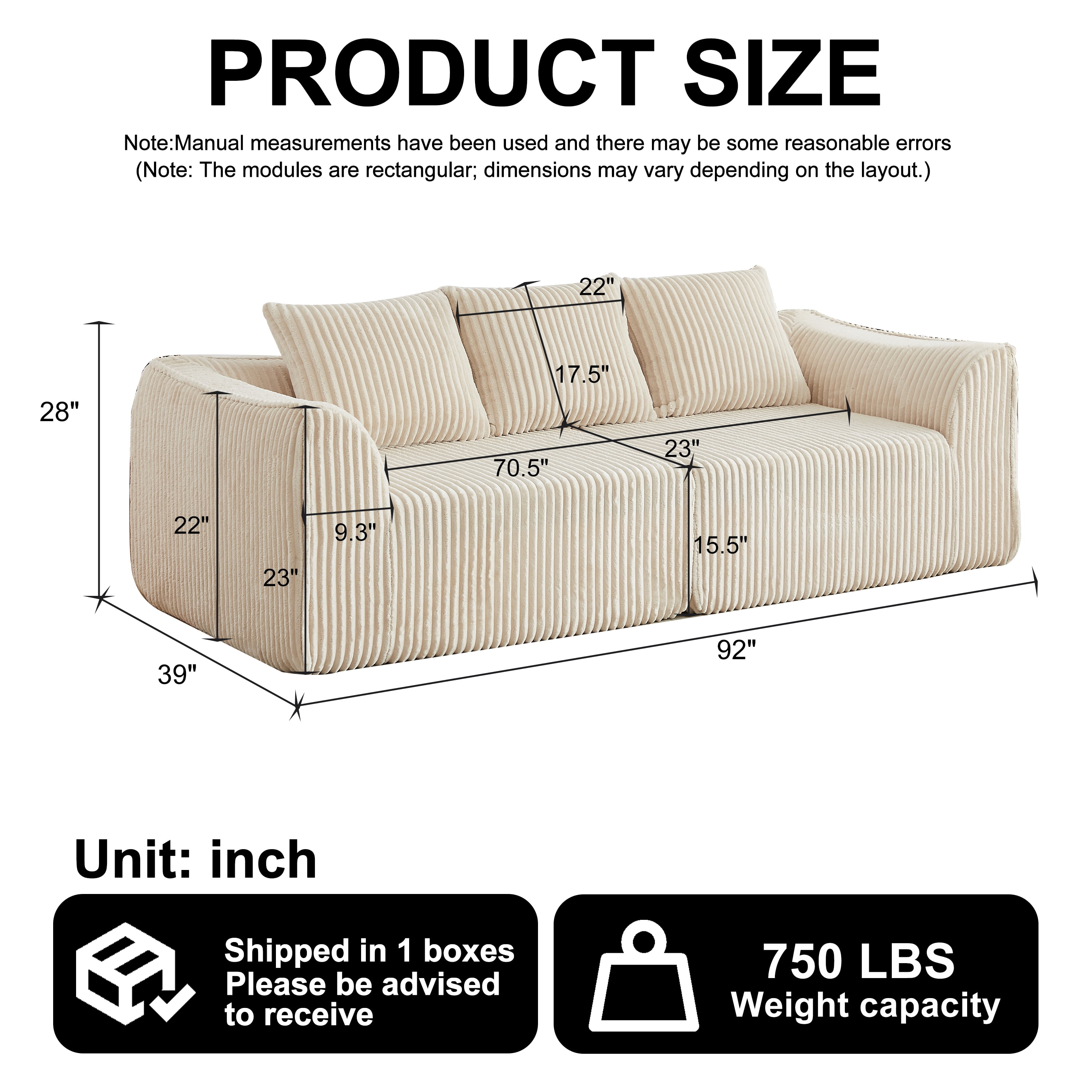 Leumius Corduroy Sofa for Living Room, Boneless Loveseat Couch with Gently Sloped Backrest and 2 Pillows,No Assembly,Beige(3 Seat)
