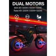 Electric Dirt Bike Dual Motor 3000W Peak, Dual Battery 25Ah+15Ah, 160N.m Torque, 40° Climbing, Fat Tire Off Road Electric Bike for Adults