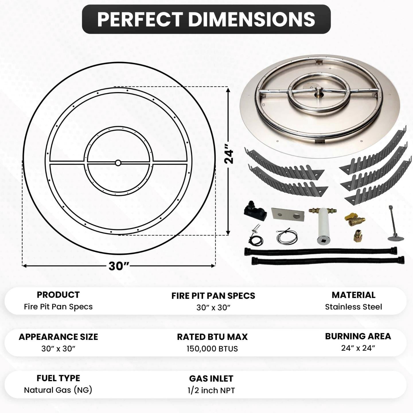 Dreffco Stainless Steel 30-inch 150K BTU Outdoor Fire Pit Burner & Pro Kit Natural Gas