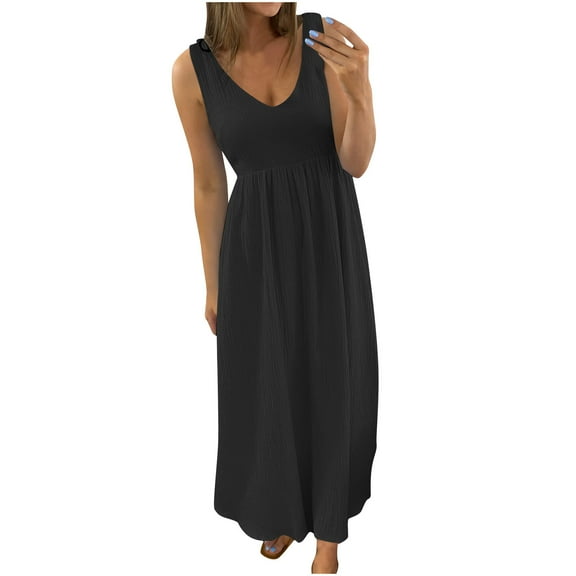 JSheng Women's Casual Pleat Long Dress Fashion Women's Summer Solid Casual Comfortable Sleeveless V-Neck Long Dress Black XXL