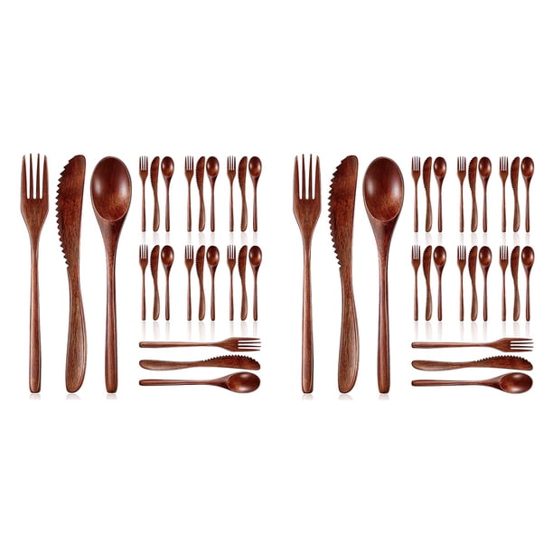 Cuchara de Madera Tenedor Cuchillo Juego de Cubiertos Juego de Utensilios de Madera (48 Piezas)
