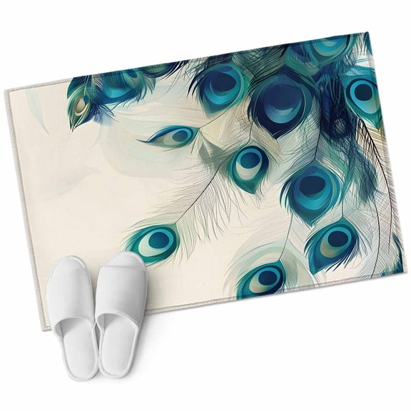 Peacock Feather 2'x3' Washable Rug, Teal Ethnic Rustic Farmhouse Elegant Non-Slip Soft Doormat Area Rugs for Entrance Bathroom Bedsides, Carpet for Kitchen Bedroom, Entryway Floor Mat