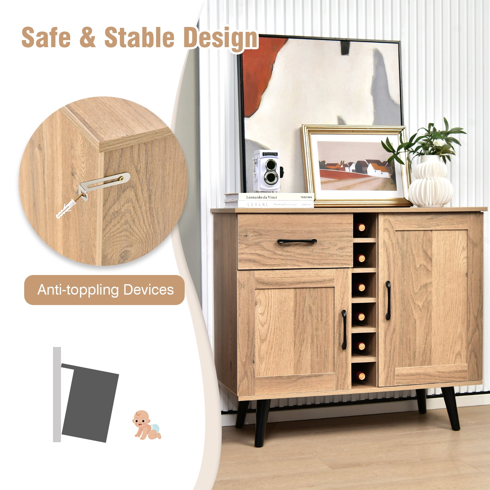 Costway 2-Door Wine Bar Cabinet Kitchen Sideboard Buffet with Drawer & Adjustable Shelves Natural