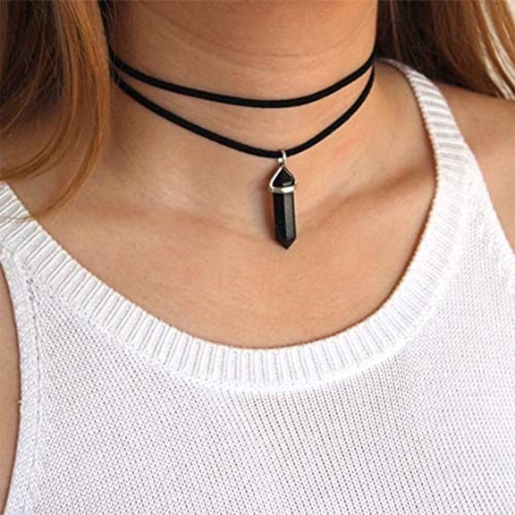 Layered Choker Necklace Crystal Choker Chakra Suede Choker Hexagonal Gemstone Pendant Necklace Bohemia Jewelry for Women(Black)