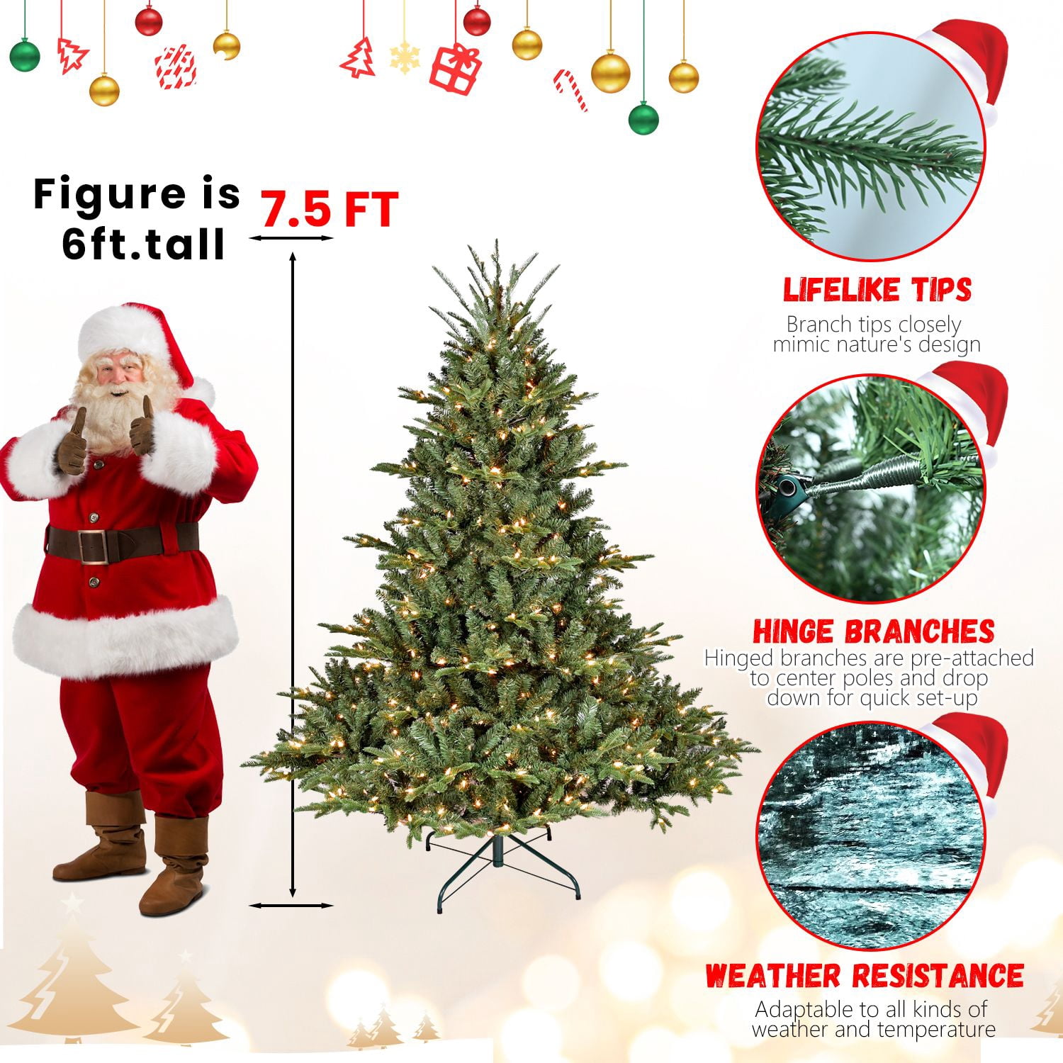 6FT Full-Shape Christmas Tree with 500 UL Lights, PE/PVC Mixed Branches, 1763 Tips, Wide Base for Spacious Areas, Hinged Structure, Stable Metal Stand