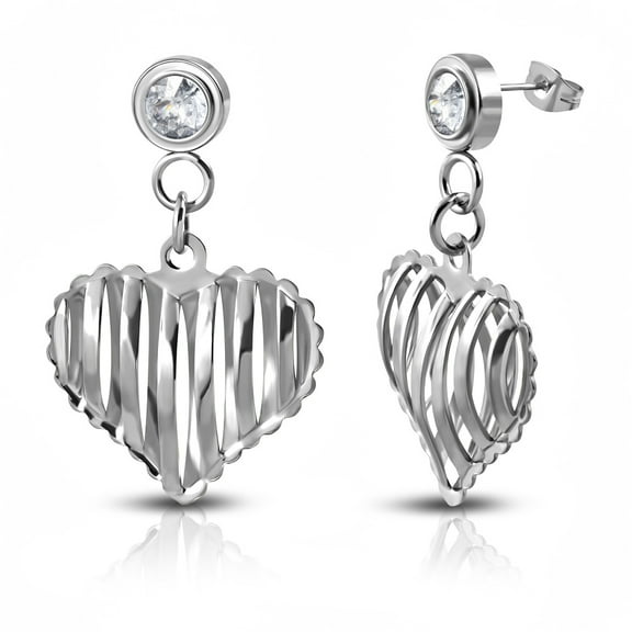 Stainless Steel White Clear CZ Love Heart Drop Dangle Earrings