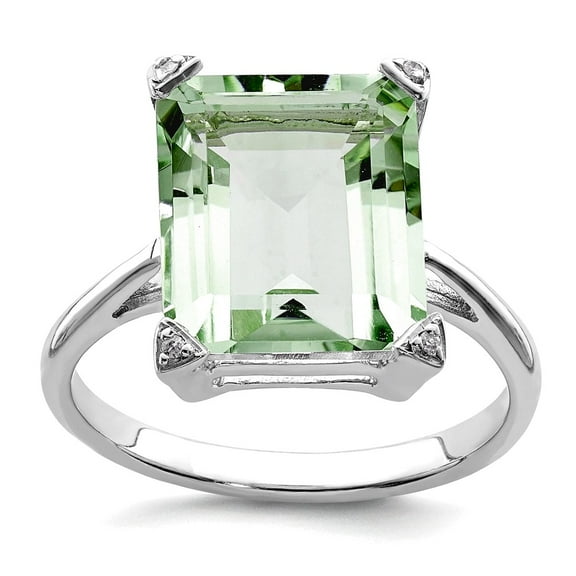 925 Sterling Silver Polished Rhodium Green Amethyst Diamond Ring Size 7 2mm Wide Ring for Women
