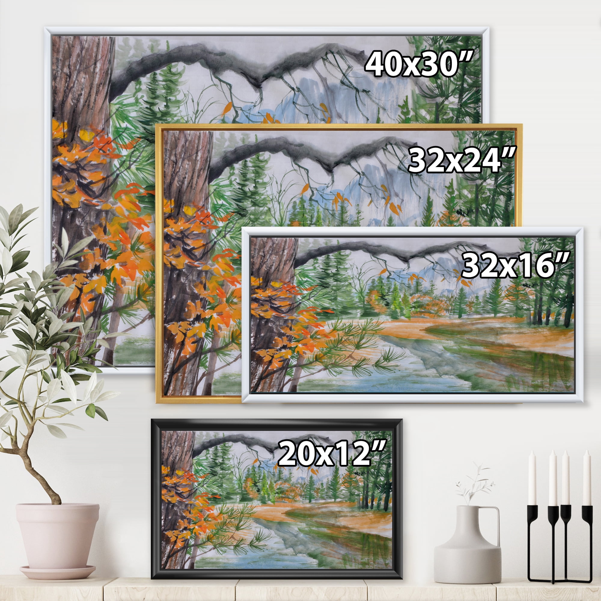 Designart 'Trees With River In Autumn Forest' Lake House Framed Canvas Wall Art Print