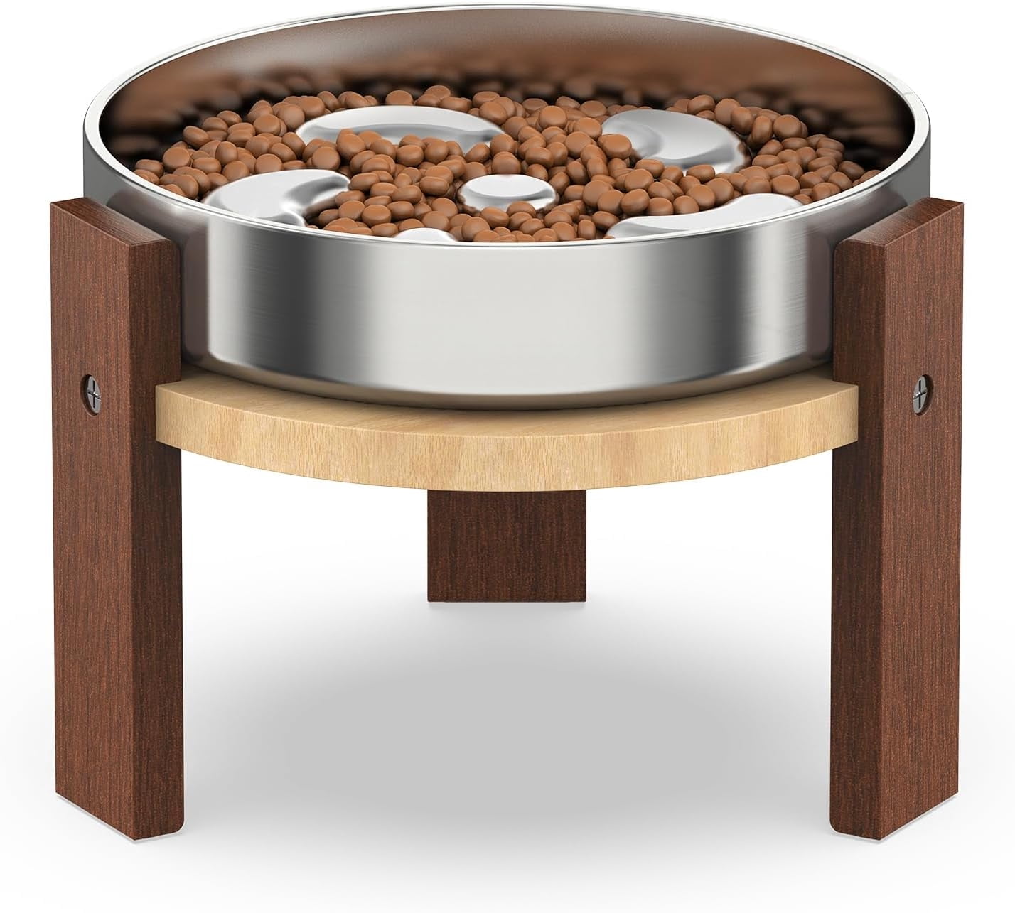 Elevated Dog Bowl Stand, 6'' Height Raised Stand for Medium&Small Dogs, Includes 2Cups Stainless Steel Slow Feeder Dog Bowl, Durable Solid Hardwood