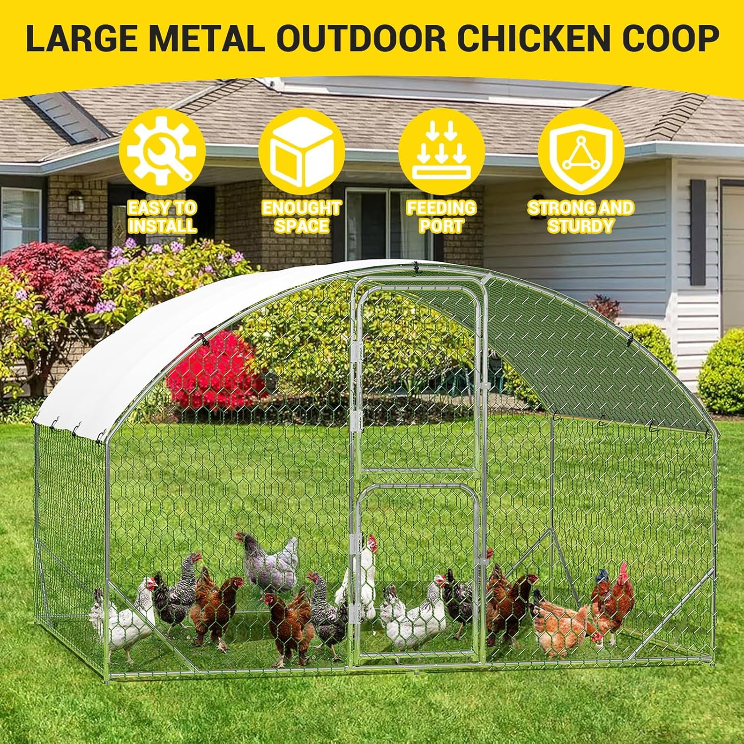 Large Metal Chicken Coop, Metal Chicken Run with Reinforced Triangle Support & Double Doors, Outdoor Walk-in Poultry Cage for Yard