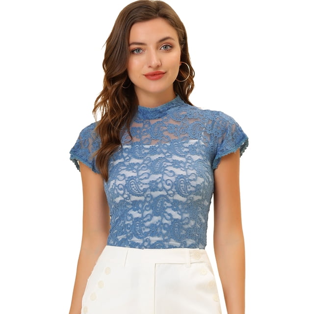 Blusa Semitransparente Con Cuello Alto Y Manga Corta Con Abertura En La Espalda Y Encaje Para Mujer Azul XL