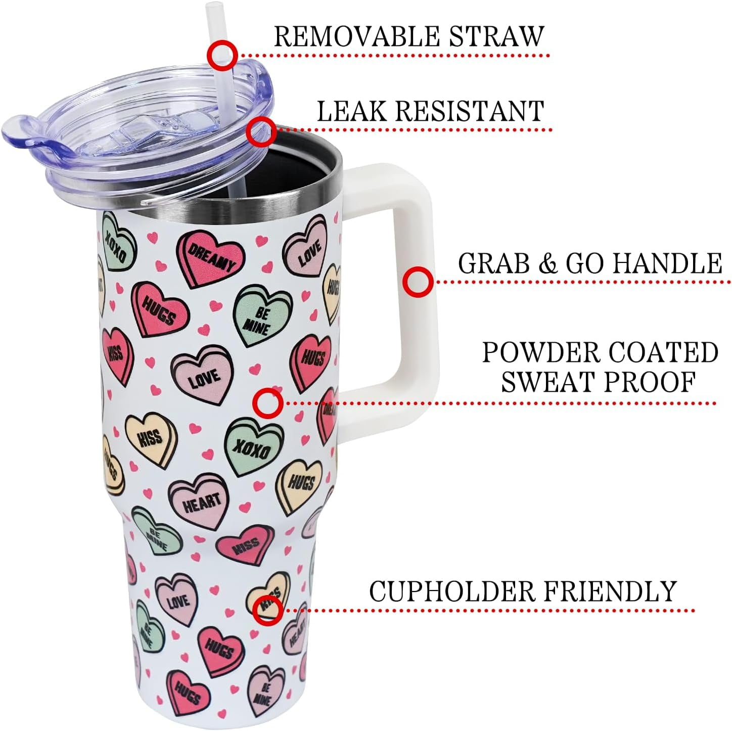 Valentines Day Gifts 40 oz Tumbler with Handle and Straw Lid,Cute Valentine''s Day Gift for Her Women Girlfriend Wife Love Hearts Vacuum Insulated Leak Proof Stainless Steel Coffee Cup Mug
