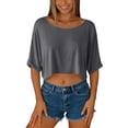 thumbnail image 4 of Crop Tops for Women Boat Neck Elbow-Length Cropped T-Shirt Solid Color Oversized Tee Shirts, Gray XL, 4 of 6