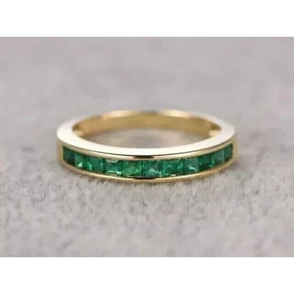 Eternity Princess Cut Green Emerald 14k Yellow Gold Plated Women's Wedding Band Ring -4