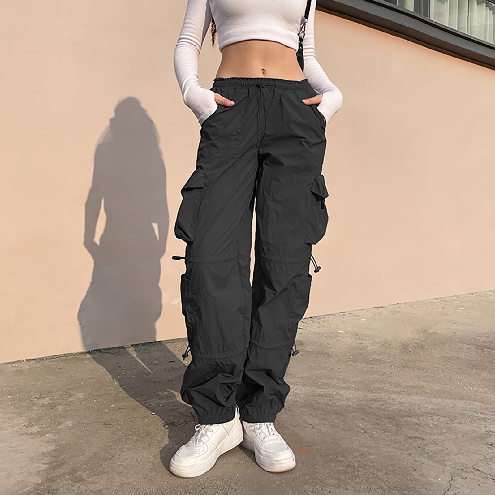 Womens Pants Grande Taille pour Femme Vetements Femmes Taille Elastique Nez de Cochon Boucle Pied en Vrac Hip Hop Tisse Cargo Casual Pants Adulte