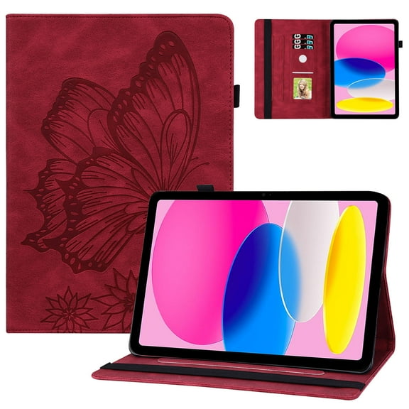 SaniMore for iPad 10th Generation 10.9" 2022 Case, PU Leather Case with Card Slot & Kickstand Pencil Holder & Hand Strap Shockproof Protective Case for Women Girls, Red