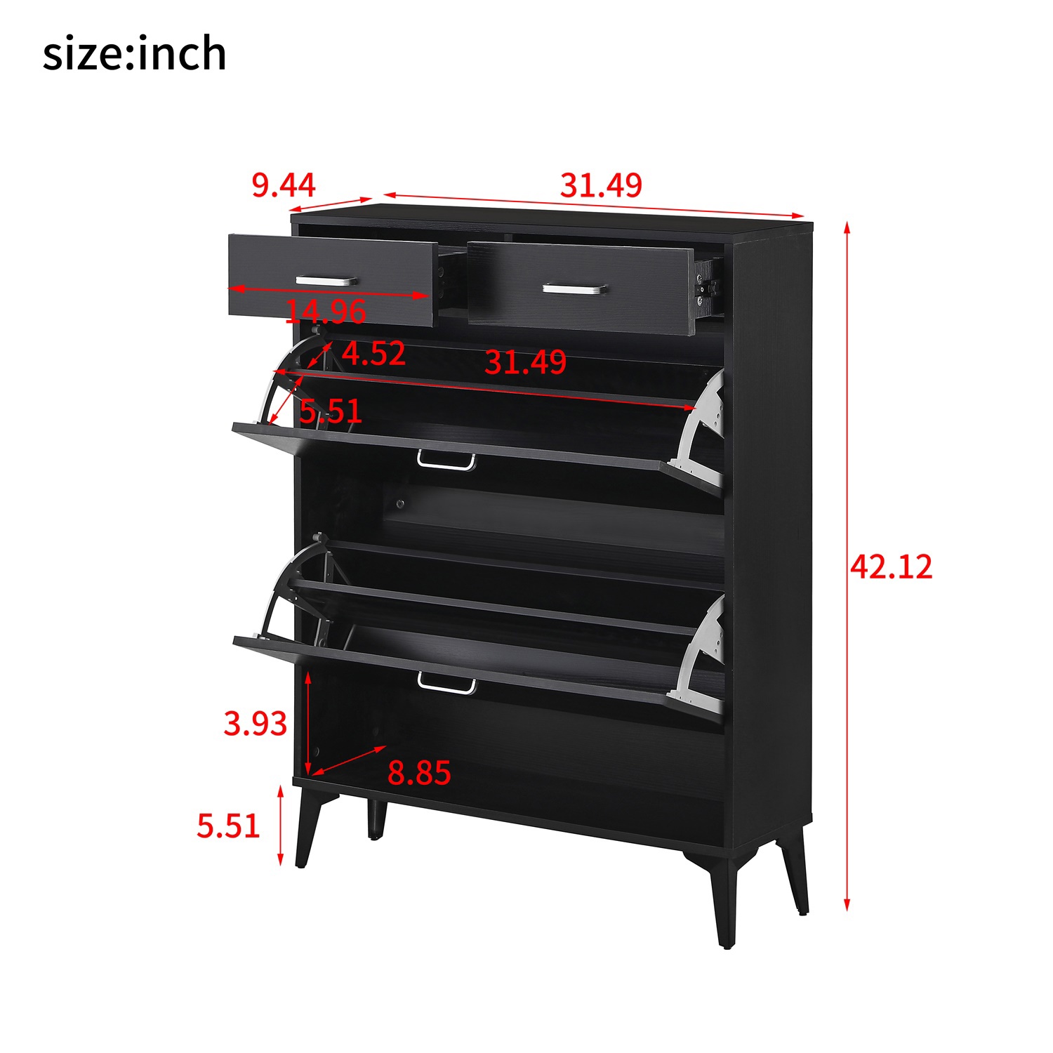 Hommoo Modern Freestanding Shoe Cabinet, Tipping Bucket Shoe Rack Organizer with 2 Flip Drawers&2 Drawer, Black