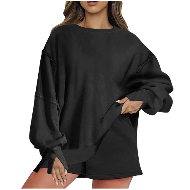 MeetoTime Ensemble Deux Pièces Automne pour Femmes Chandail en Molleton à Col Rond et Shorts Surdimensionnés