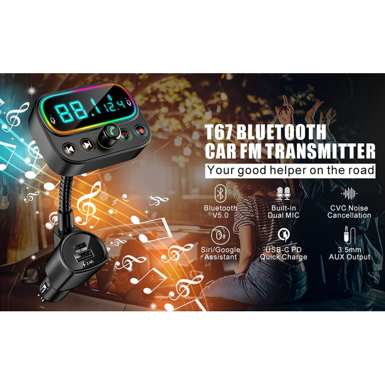 Car Bluetooth 5.0 FM Transmitter,USB C PD Bluetooth Car Adapter,/2.0 LCD  Display / 3 USB Ports / 9 Color LED Backlight