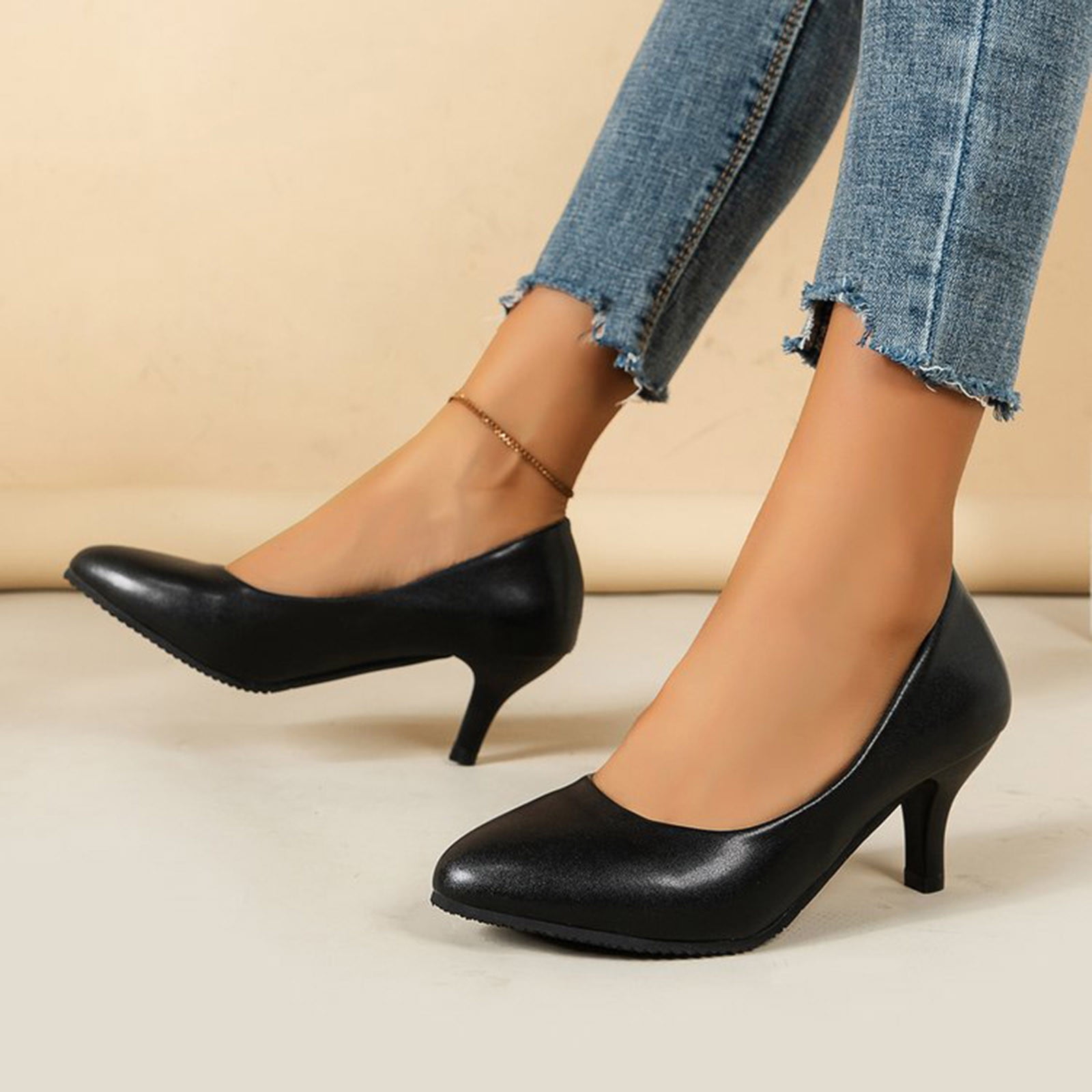Woobling Chunky Heels for Women Black Pumps Shoes Slip On Comfy Office Work  Heeled Shoe - Walmart.com