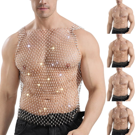 UVEASISHA Men's Sleeveless Party Shirts Sparkly Mesh Rhinestone Tank Tops Sheer See Through Fishnet Shirt for Festival Nightclub Wear Silver M