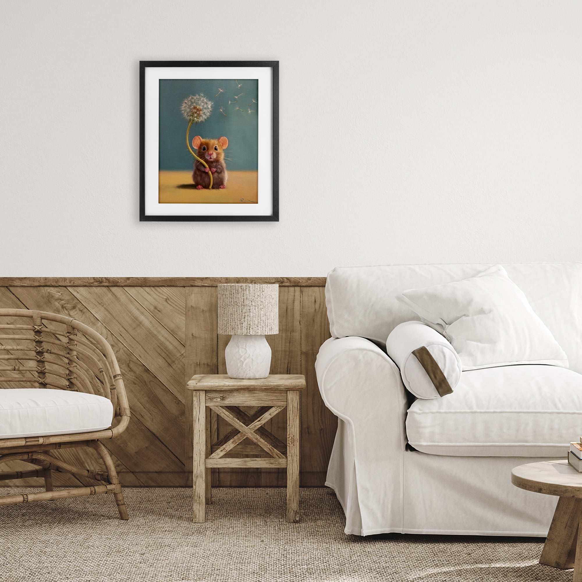 Tiny Wishes Mouse & Dandelion Black Framed Print Under Glass, design by Lucia Heffernan