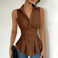 thumbnail image 5 of Women's Trendy Waistcoat Collared Sleeveless Button Down Peplum Shirt Ruched Waist Slim Fit Pleated Hem Vest Blouse Business Casual Outfit Brown, 5 of 8