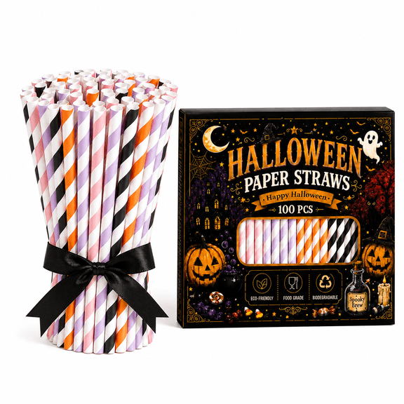 100 Pack Halloween Paper Straws, 7.75 Inch Orange Pink Purple Black Stripe Drinking Straws, Biodegradable Party Straws for Halloween Birthday Cocktail Decorations