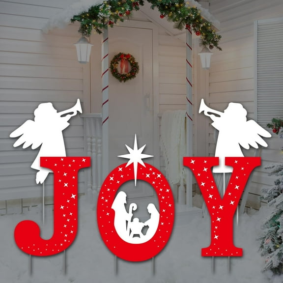 5 Pcs Outdoor Christmas Decorations -Joy Nativity Sets for Christmas Outdoor Xmas Nativity Lawn Religious Scenes Yard Decor with Stake for Home Lawn Pathway Walkway, Red, White