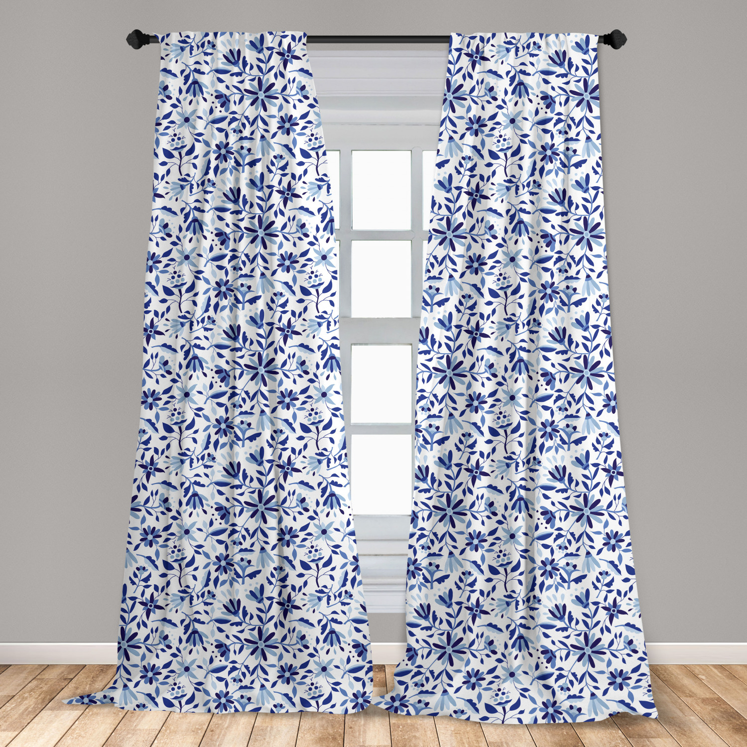 Indigo Curtains 2 Panels Set, Modern Minimalist Spring Time Flowers