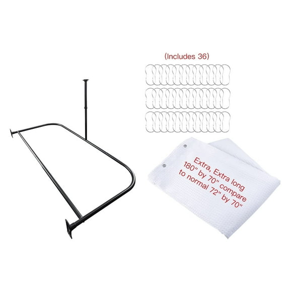 Utopia Alley Rustproof Wall Mounted Aluminum D-shape Shower Curtain Rods With Ceiling Support for Freestanding Tubs, 60 Inch Large Size by 25 Inch, Matt Black   White Shower curtain 180x70 inch