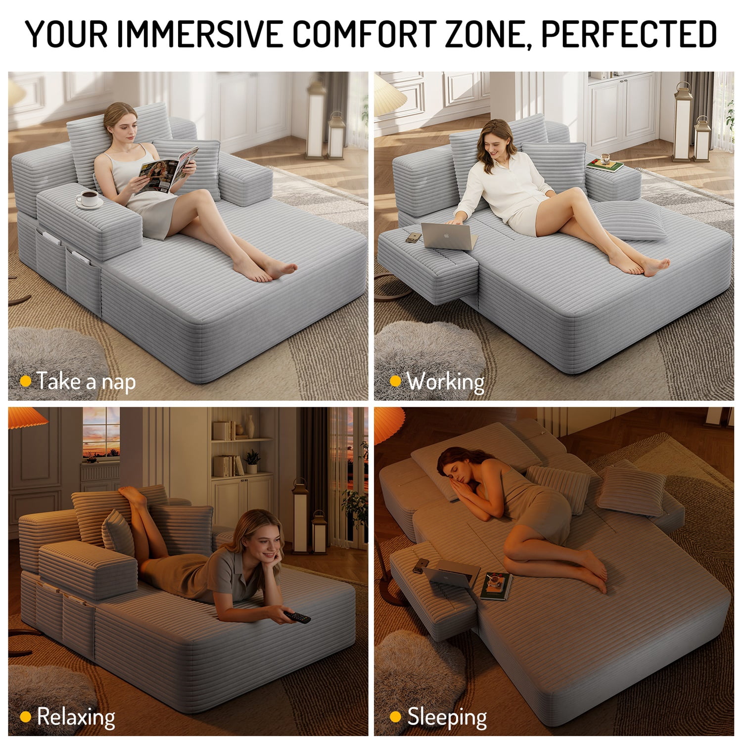 Hommoo Luxurious Plush Corduroy Chaise Lounge with 3 Pillows & Storage Pocket, Convertible Sofa Couch Bed Sleeper with Frameless Design & Compression Foam, Light Grey