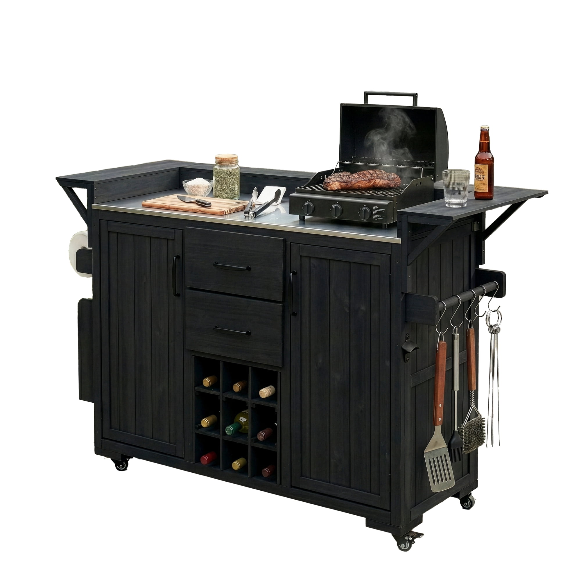Modern 60.2" Outdoor Kitchen Island with Wheels, Rolling Kitchen Island with Stainless Steel Top & Wine Rack, Patio BBQ Kitchen Cart with Spice Rack & 2 Drawers, Black