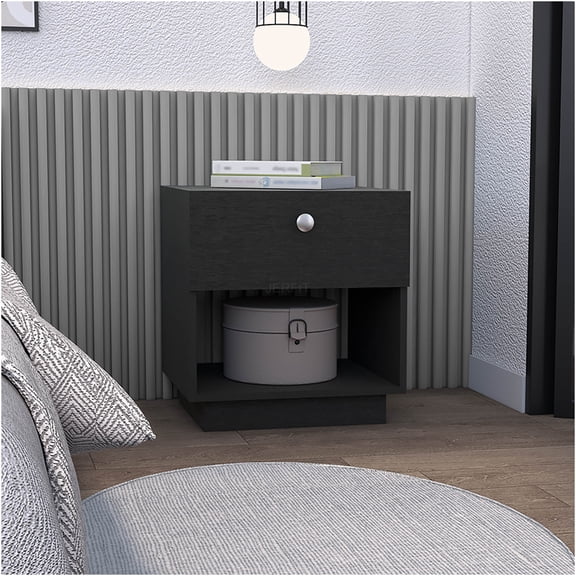 JERFIT Modern Nightstand with Drawer, Black Bedside Table with Open Shelf for Bedroom, Engineered Wood End Table